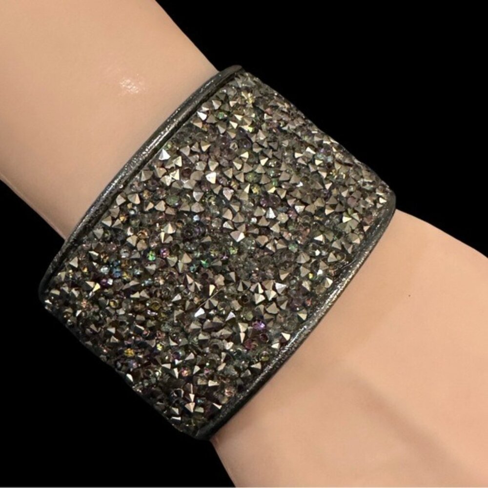 Wide Crystal-Encrusted Gunmetal  Purple Silver Cuff Bracelet